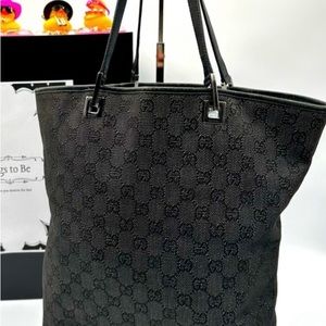 GUCCI Shoulder Tote Bag GG Canvas Leather Black